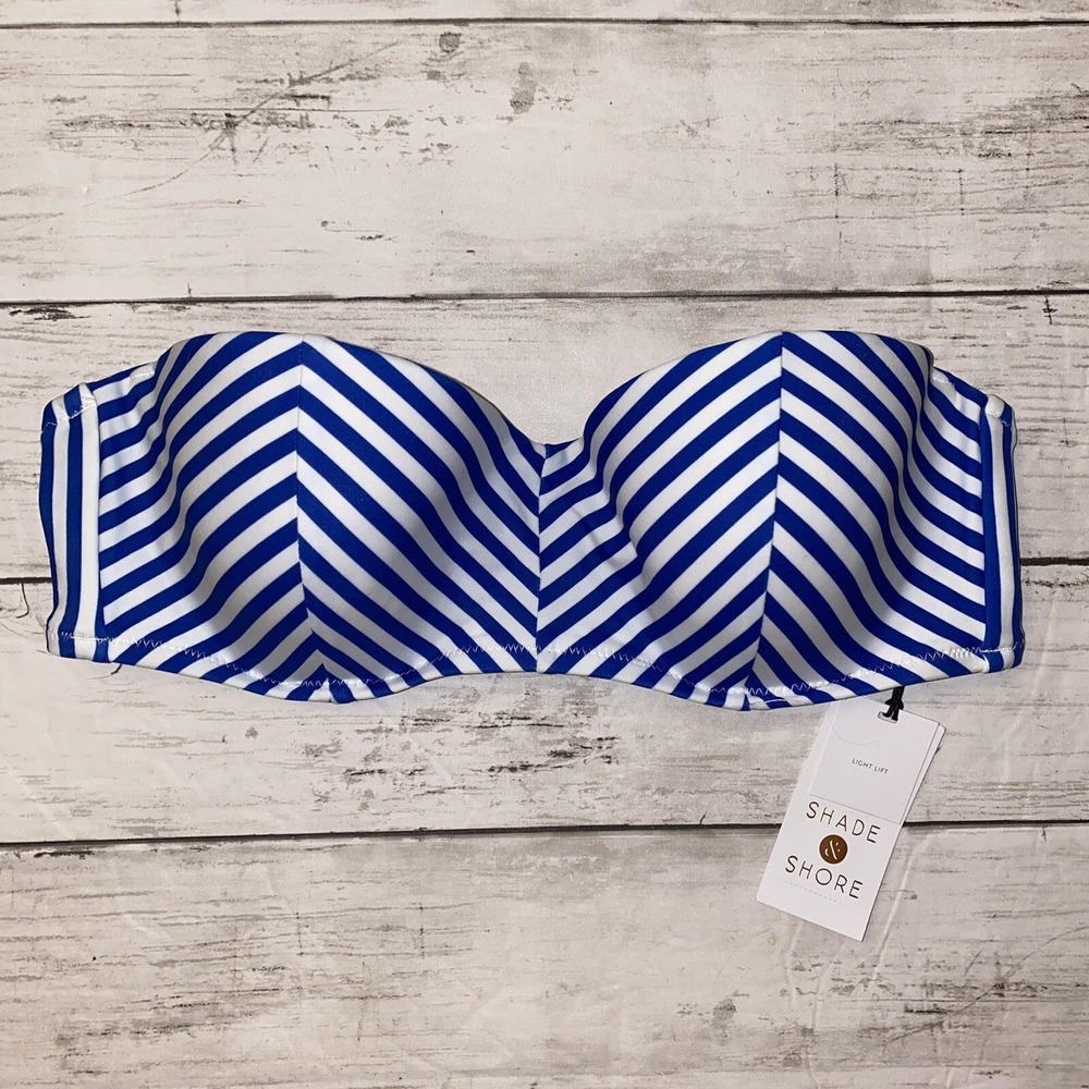 Shade & Shore Bikini Top 34B Blue White Stripe Swim Strapless Light Lift NEW